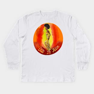 Still I’ll rise -multi coloured colored background - black girl with Afro hair, shimmering gold dress and dark brown skin side profile. Kids Long Sleeve T-Shirt